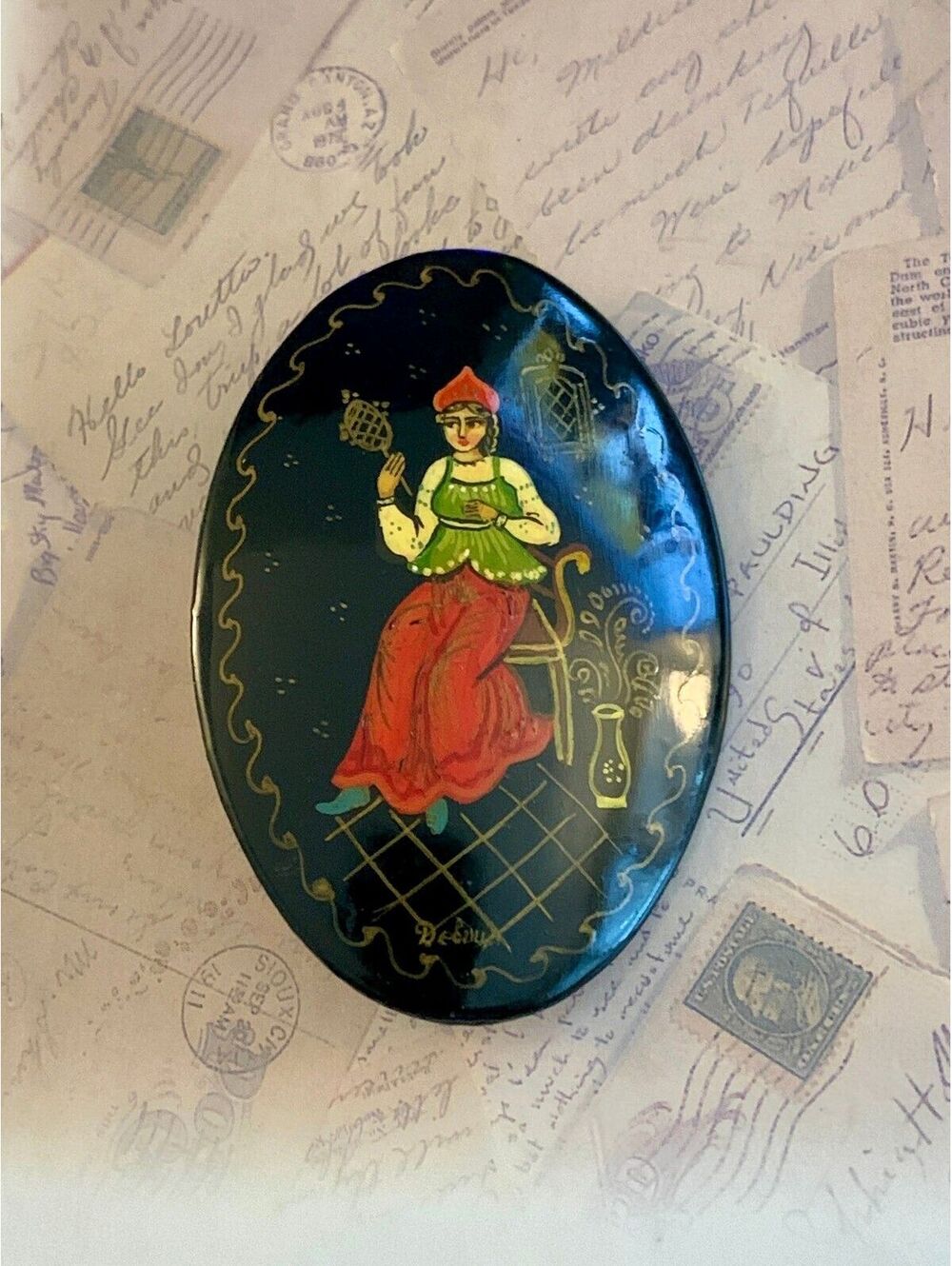 Hand Painted Russian Lacquer Brooch Folk Art Woman Spinning Oval Pin